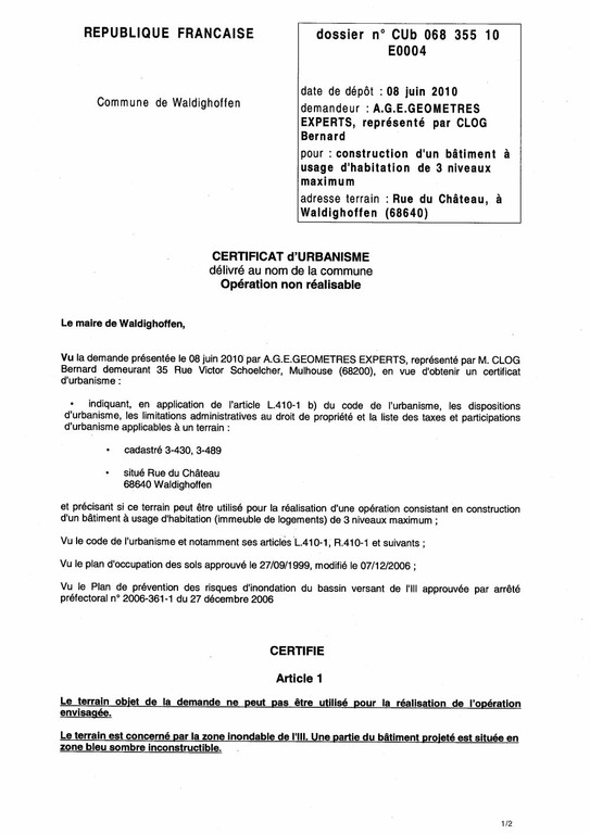 Certificat d'urbanisme n°10E0004 A.G.E. GEOMETRES EXPERTS par M. Bernard CLOG — Waldighoffen Certificat d'urbanisme n°10E0004 A.G.E. GEOMETRES EXPERTS par M. Bernard CLOG — Waldighoffen